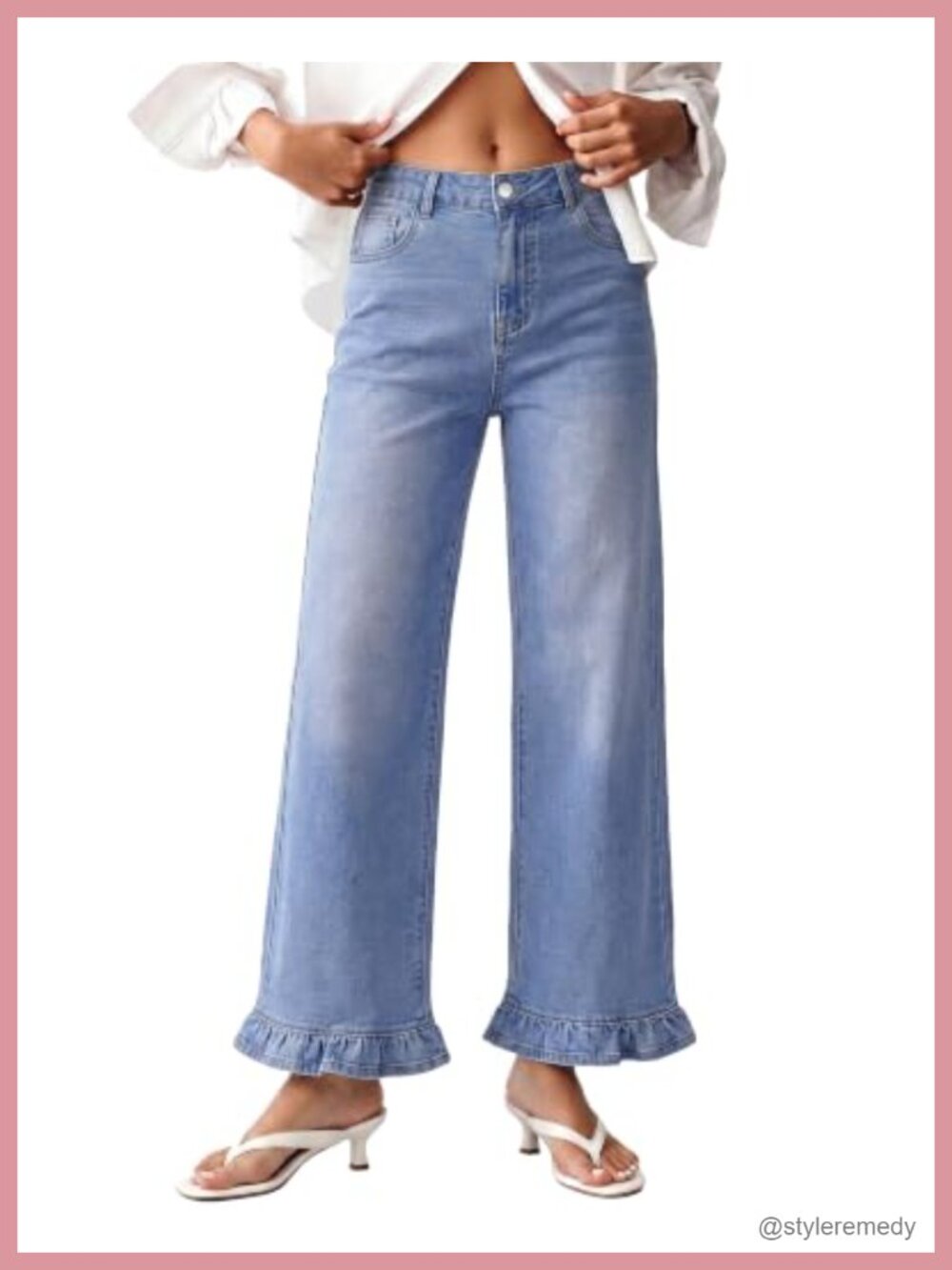 Wide Leg Jeans Ruffle Hem High Waisted Ankle Denim Pants Trendy Baggy Stretch
